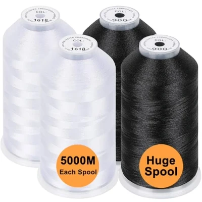 Image of New brothread Set of 4 (2xWhite + 2xBlack) Polyester Machine Embroidery Thread Huge Spool 5000M for All Machines