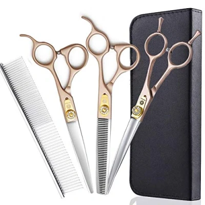 Image of Dream Reach 7 Inches Professional Pet Grooming Scissors Kit, 440C Japanese Steel Straight &amp; Curved Thinning Chunker Shears/Scissors Set for Dog Cat and More Pets (7 inch 01)