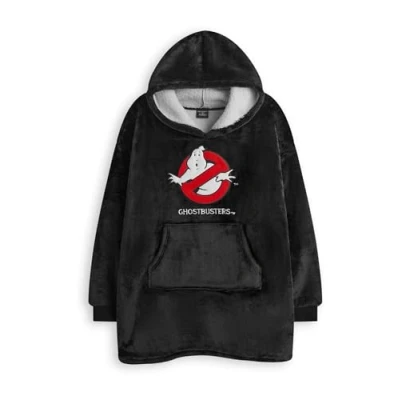Image of Ghost Busters Kids Wearable Blanket Hoodie Childrens Hooded Sherpa Fleece Pullover in Black with Logo Lined Loungewear Pockets Classic Spooky Movie Merchandise Gift