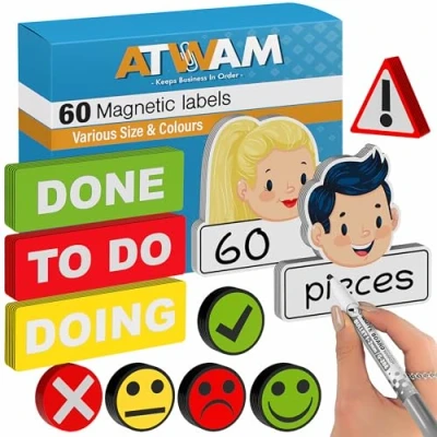 Image of ATWAM 60 Writeable Magnets &amp; Accessories Mega Set Magnetic Labels 6 Colors Scrum Kanban Notes Whiteboard Strips for Board, Wall Fridge