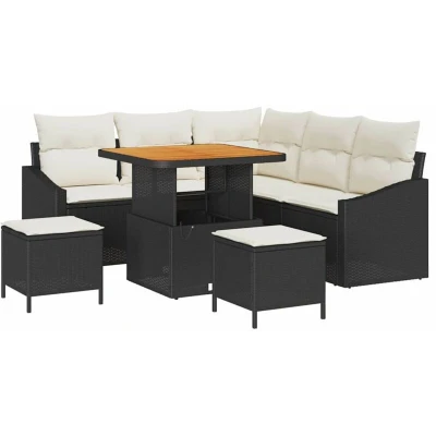 Image of vidaXL 8 Piece Garden Sofa Set with Cushions Black Poly Rattan Acacia