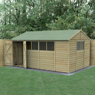 Image of 15&#039; x 10&#039; Forest 4Life 25yr Guarantee Overlap Pressure Treated Double Door Apex Wooden Shed 6 Windows (4.48m 3.21m)