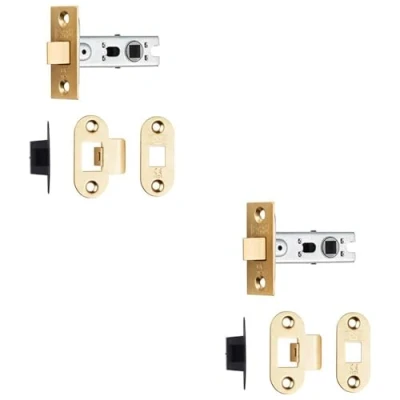 Image of 2 Pack 64mm Bolt Through Tubular Door Latch Rounded Strike Plate Forend Polished Brass