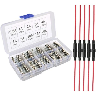 Image of Gebildet 5pcs 5x20mm AGC Fuse Holder Inline Screw Type with 16 AWG wire + 150pcs Fast Blow Glass Fuses Quick Car Tube Assorted Kit