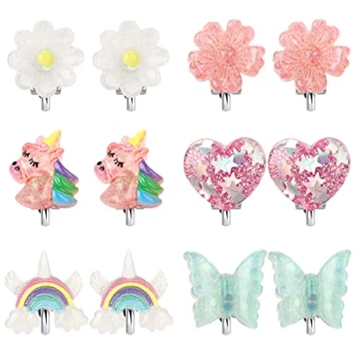 Image of Unicorn Clip On Earrings for Girls, Girls Butterfly Jewelry Dress Up and Princess Flower Play Set Kids, 6 Pairs