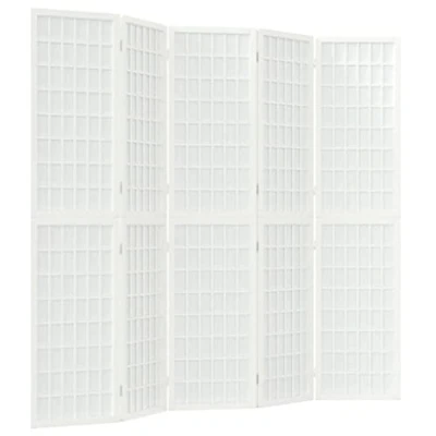 Image of vidaXL Folding 5 Panel Room Divider in Japanese Shoji Style, Solid Fir Wood and Rice Paper Construction, Bedroom Living Partition White