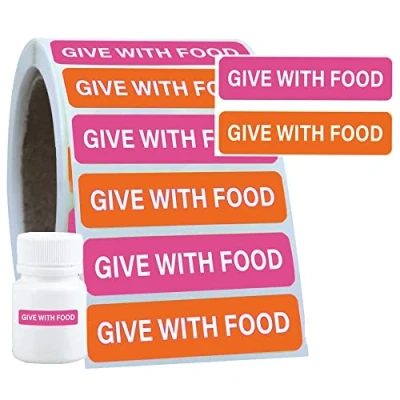 Image of Give with Food Stickers Medication Instruction Labels for Medical Containers Pharmacies Hospitals 1/2 x 1.5 Inch 500 pcs/Roll (Pink, 0.5 1.5Inch)