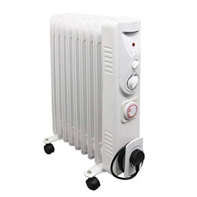 Image of NRG 9 Fin Oil Filled Radiator 2KW Portable Electric Heater with Timer &amp; Adjustable Thermostat Thermal Safety Cut off White