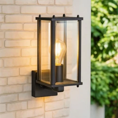 Image of CGC Lighting Outdoor Outside Wall Light Mains Power Bevelled Glass Coach Lantern Porch Garden Decorative Lamp Fixture Waterproof (Black Up)