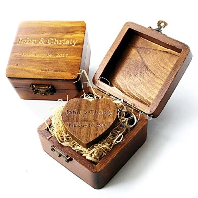 Image of Personalised wooden heart shaped walnut 16 GB USB flash drive; engraved wood drive custom box, wedding photo storage gift, birthday business promotional gift (USB in box)
