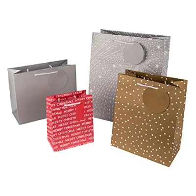 Image of Hallmark Gift Bags, Bags for Presents, Pack of 4, Metallic Foil, Festive Designs, Christmas, White, Gold, Silver, Red