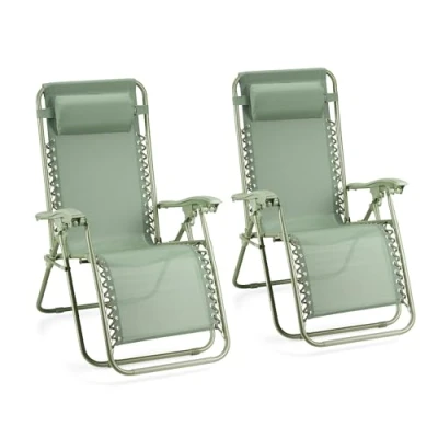 Image of VonHaus Zero Gravity Chairs Set of 2 Reclining Sun Loungers for Garden Textilene Folding Sunloungers with Detachable Headrest Fold Away Deck Outdoor, Patio (Sage Green)