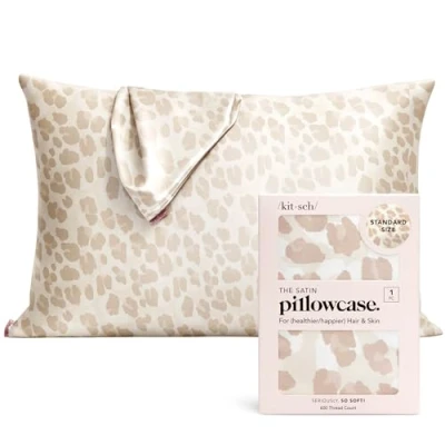 Image of Kitsch Satin Pillowcase for Hair &amp; Skin Softer Than Silk and Cooling Pillowcases with Zipper Pillow Case Cover Standard Queen (Leopard, 1 Pack)