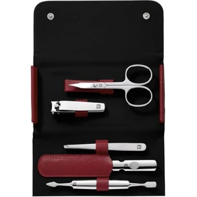 Image of ZWILLING Manicure Set Travel Size 5 Pieces with Nail Clippers in 100% Leather Case Red