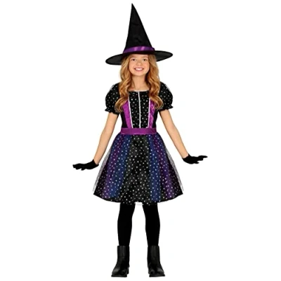 Image of FIESTAS GUIRCA Star Glitter Witch Fancy Dress for Girls Purple Kids Costume including Hat Halloween Costumes 5 6 years