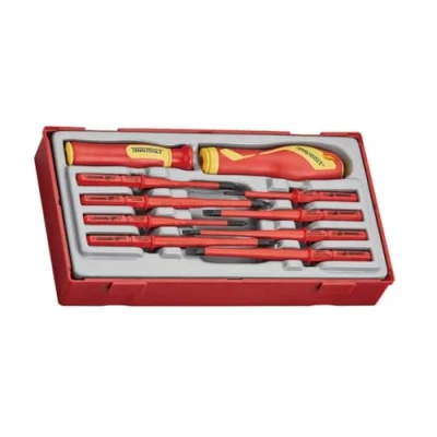 Image of Teng Tools 10 Piece 1000 Volt Slotted, Phillips (PH), Pozidriv (PZ) Interchangeable Blade Screwdriver Set Electricians Insulated Electrical TTV710N, Red