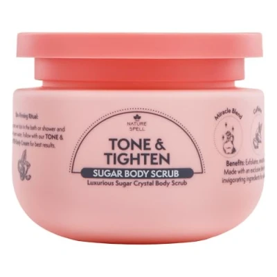 Image of Nature Spell Tone &amp; Tighten Sugar Crystal Body Scrub 300g Exfoliating Hyaluronic Acid, Ginseng Extract Plant Collagen Made in the UK