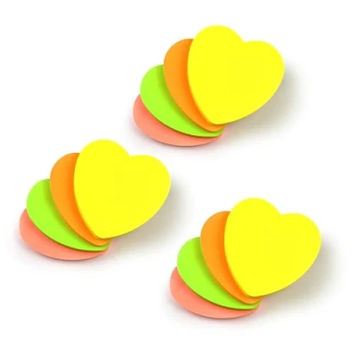 Image of Evergreen Goods Heart Shaped Sticky Post Notes Removable Adhesive Assorted Colours (Yellow, Pink, Blue, Green) 100 Sheets per pad 76x76mm (3&quot;x3&quot;) (12 Pads, Neon Hearts)