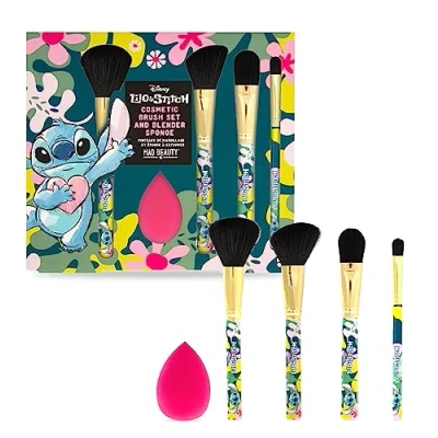 Image of MAD Beauty Disney Lilo &amp; Stitch Cosmetic Brush Set Plus Blender Sponge, Self Care Gifts, Four Brushes For Versatile Use