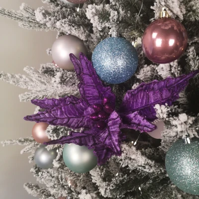 Image of Samuel ALEXANDER 50cm Purple Velvet Poinsettia Stem with Glitter Christmas Decoration