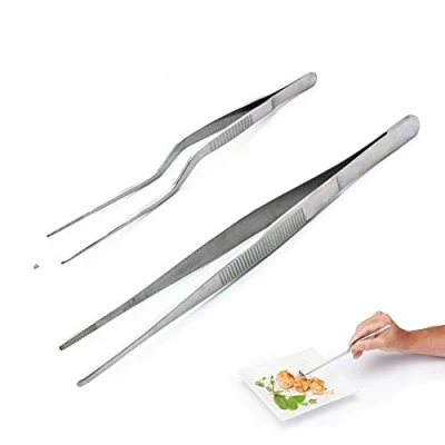 Image of 2 Piece Stainless Steel Kitchen and Culinary Cooking Tweezers Set,Precision Serrated Tips Chef&#039;s Tongs for Food Design,Garnish,Cake Decorating
