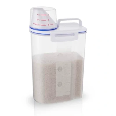 Image of 2L Food Storage Container for Rice, Small Portable Rice with Measuring Cup, BPA Free Plastic Cereal Pour Spout Kitchen Bin Beans, Flour, Pet