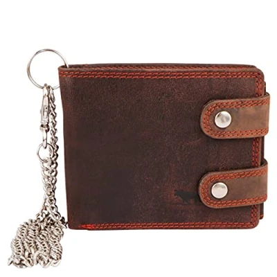 Image of MORUCHA RFID Blocking Men&#039;s Biker Wallet Genuine Distressed Hunter Leather Purse with Detachable 45cm Metal Safety Chain M100 (Dark Brown)