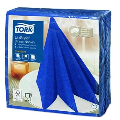 Image of Tork 478856 Premium Linstyle Midnight Blue Dinner Napkin / 1 Ply Absorbent Unprinted Serviette in Dark 12 x 50 Sheets (WxL: 19.5cm 19.5cm)