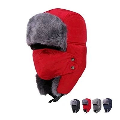 Image of TELOME Winter Trapper Hats Fur Lined Warm Ushanka Russian Hunting Hat for Men Women Earflap Windproof Trooper Bomber Ski Face Mask (Red)
