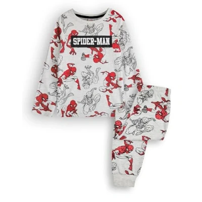 Image of Marvel Spiderman Boys Pyjama Set Kids Superhero Long Sleeve Leg Graphic PJs in Grey All Over Print Spider Man Red &amp; Black Nightwear Apparel Film Movie Comic Sleepwear Merchandise Gift