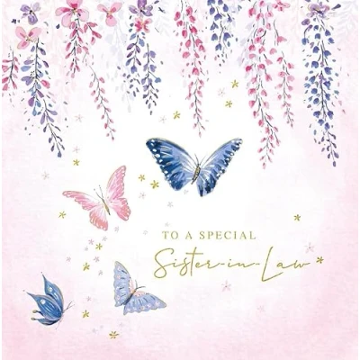 Image of Noel Tatt Special Sister in Law Birthday Card Butterflies and Wisteria Flowers Eco Friendly Recyclable