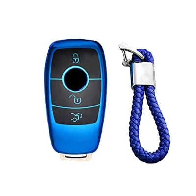 Image of M.JVisun Soft TPU Case Cover Protector Car Remote Key Fob For Mercedes Benz 2019 2022 A Class C G 2017 E 2018 2021 S Glossy Blue Braided Keychain