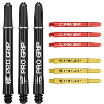 Image of TARGET Darts Pro Grip Shafts Set of 9 3 Colours, Black/Yellow/Red Medium, 48mm Dart Stems, Professional Accessories, 2BA Shaft Multipack with Rings