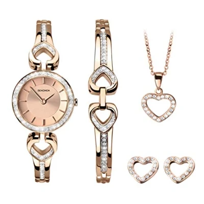 Image of SEKONDA Womens 26mm Stone Set Rose Gold Watch Gift with Heart Bracelet Earrings and Necklace