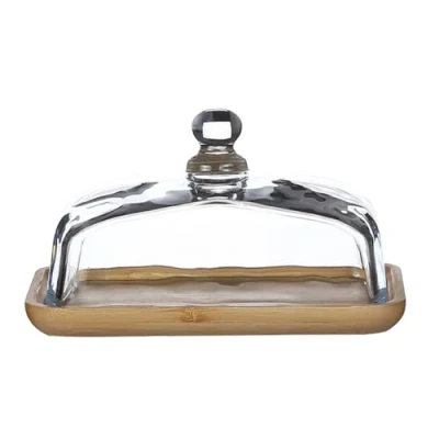 Image of Crevyteg Wooden Butter Dish with Glass Lid, Clear Cheese Cake Tray, Display Tray Rectangle Wood Plate for Dessert Candy Serving Bamboo