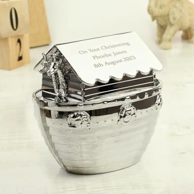 Image of Custom Silver Noahs Ark Money Box For Birth, Birthday, Communion, Christening, Baptism, Confirmation