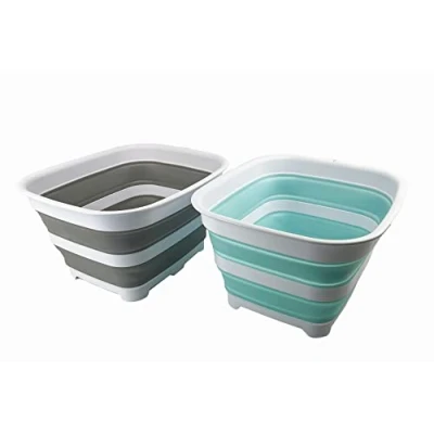 Image of SAMMART 15L Collapsible Dishpan with Draining Plug Foldable Washing Basin Portable Dish Tub Space Saving Kitchen Storage Tray (Grey+Lake Green (Set of 2))