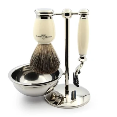 Image of Edwin Jagger S81M587BAMZ Imitation Ivory &amp; Nickel Classic Shaving Set with Pure Badger Brush, Mach 3 Razor and Bowl for Cream or Soap Men