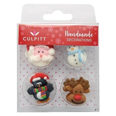 Image of Culpitt Christmas Friends Sugar Pipings, Edible Royal Icing Decorations, Multi Coloured Festive Cake and Cupcake Toppers, Santa, Snowman, Penguin, Ruloph Pack of 12