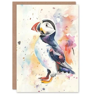 Image of Artery8 Greeting Card Cute Puffin Bird Colourful Watercolour Portrait Blank For All Him Or Her Art Birthday
