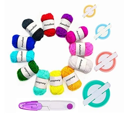 Image of pom Maker, 4 Sizes Maker Fluff Ball Weaver Needle Craft DIY Wool Knitting Tool Set for Beginner +12pcs Yarn+1pcs Scissors (17)