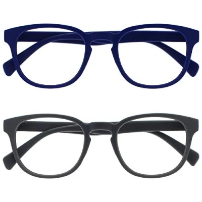 Image of OPULIZE Pop Reading Glasses 2 Pack Fun Round Matt Frame Mid Blue Grey Spring Hinges Scratch Resistant Mens Womens RR2 37 +3.00