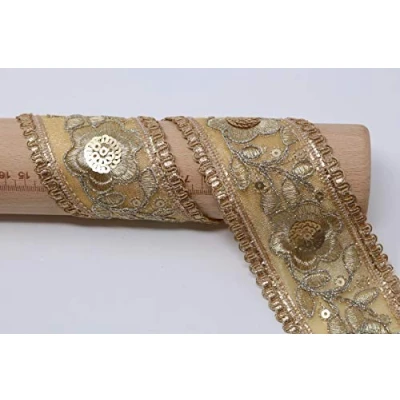 Image of Feathers Creation 1 Meter 6 cm Broad Beautiful Combination of Shiny Sequence and Satin Thread Embroidery On Gold Chiffon with Small Scalloped Edging Decorative Embellishment Sew (Dull Gold)