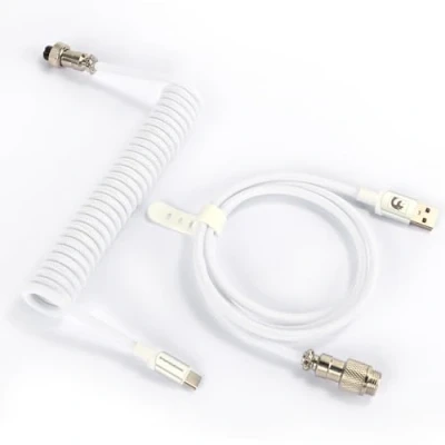 Image of MAMBASNAKE Coiled USB C Cable for Gaming Keyboard, Nylon Braided Mechanical Keyboard with Detachable Metal Aviator, Double Sleeved, Custom Type Charging Cable, 4.92ft (C01Pro/White)