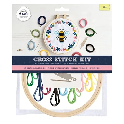 Image of Simply Make Cross Stitch Kit Bee Design for Kids and Adults, Including Hoop, Embroidery Thread, Fabric Needle Perfect Adult Crafts Beginners Starter Craft