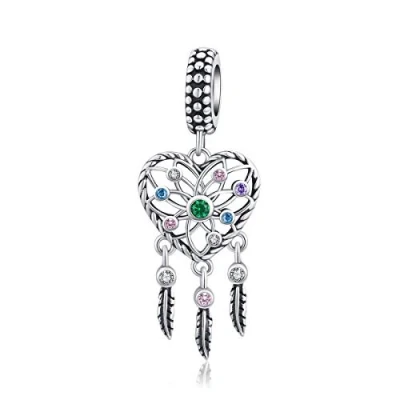 Image of Dream Catcher Pendant Sterling Silver Heart Colorful Crystal Charms Bead Compatible with Pandora Bracelet Necklace