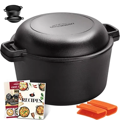 Image of Overmont 2 in 1 Cast Iron Dutch Oven with Cookbook Recipe 5 QT Pot + 1.6 Dual Function Skillet Lid Pre Seasoned Handle Covers for Camping Home Cooking BBQ Baking