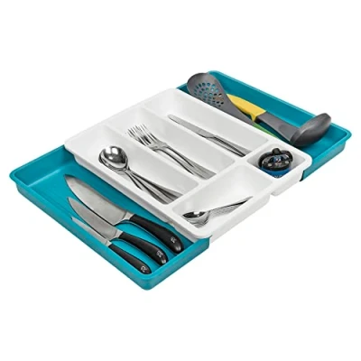 Image of URBNLIVING Plastic Expandable Drawer Kitchen Extendable Organiser Cutlery Space Saving Compact Utensil Tray With 7 Holder Compartments (Teal)