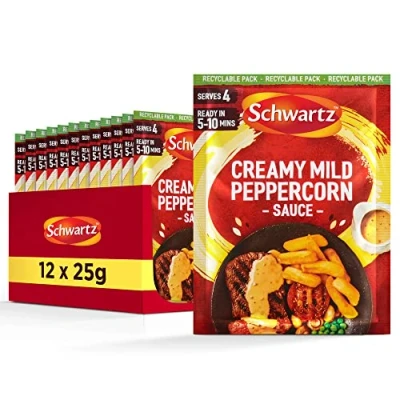 Image of Schwartz Creamy Mild Peppercorn Sauce Mix 25 G Serves 4 Pack of 12 Smooth and Tasty Rich &amp; Taste Easy Quick Suitable for Vegetarians