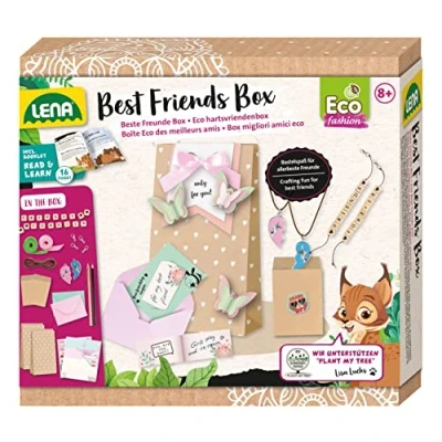 Image of Lena 42833 Eco Craft Set Best Friends Box with 2 Friendship Bracelets Beads and Necklaces Heart Pendant, Gift Bags, Cards Companion Booklet Plant My Tree, for Children from 8 Years